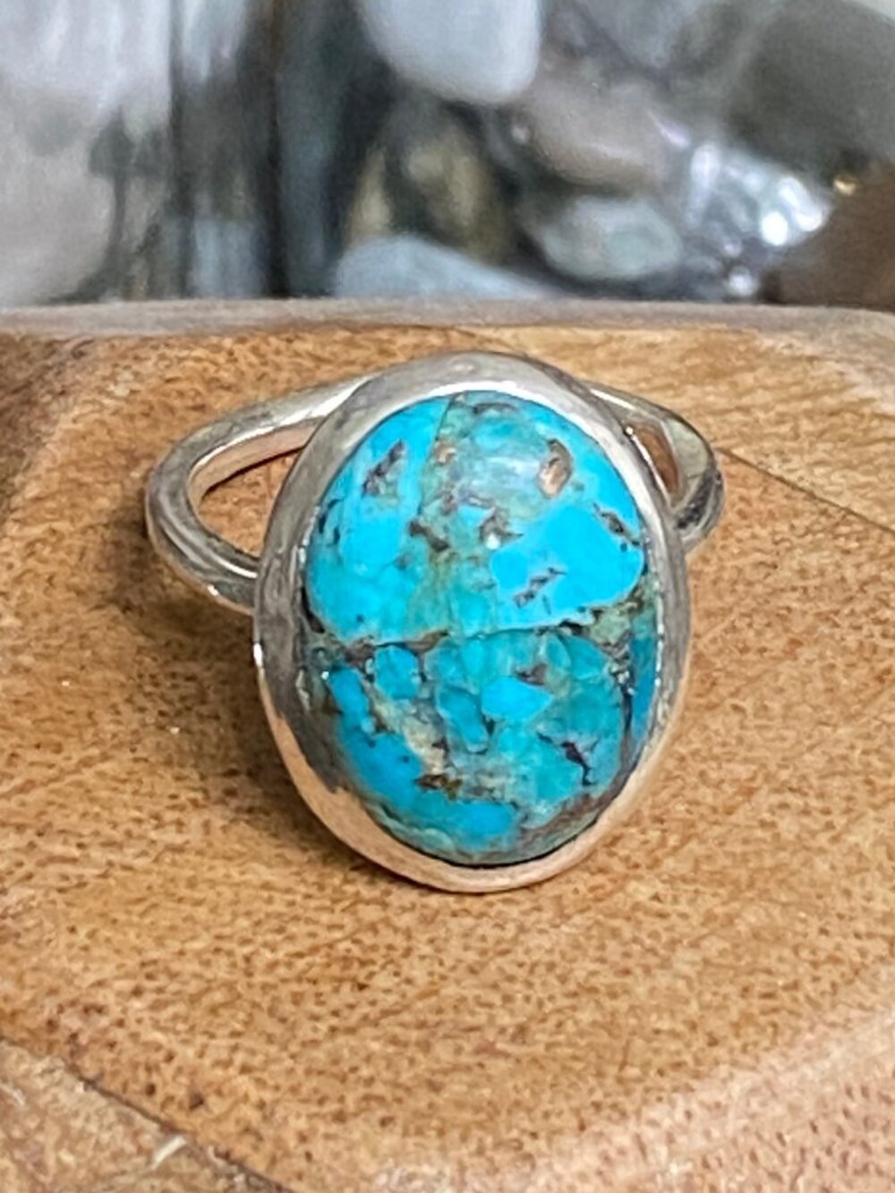 Blue copper turquoise ring handmade with 925 sterling silver size 7